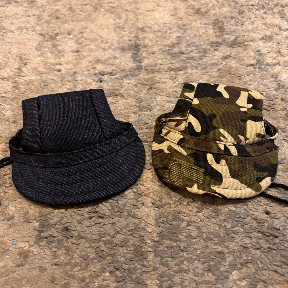 Small dog hats First one is Camouflage, Second one Dark Jean Size XS
